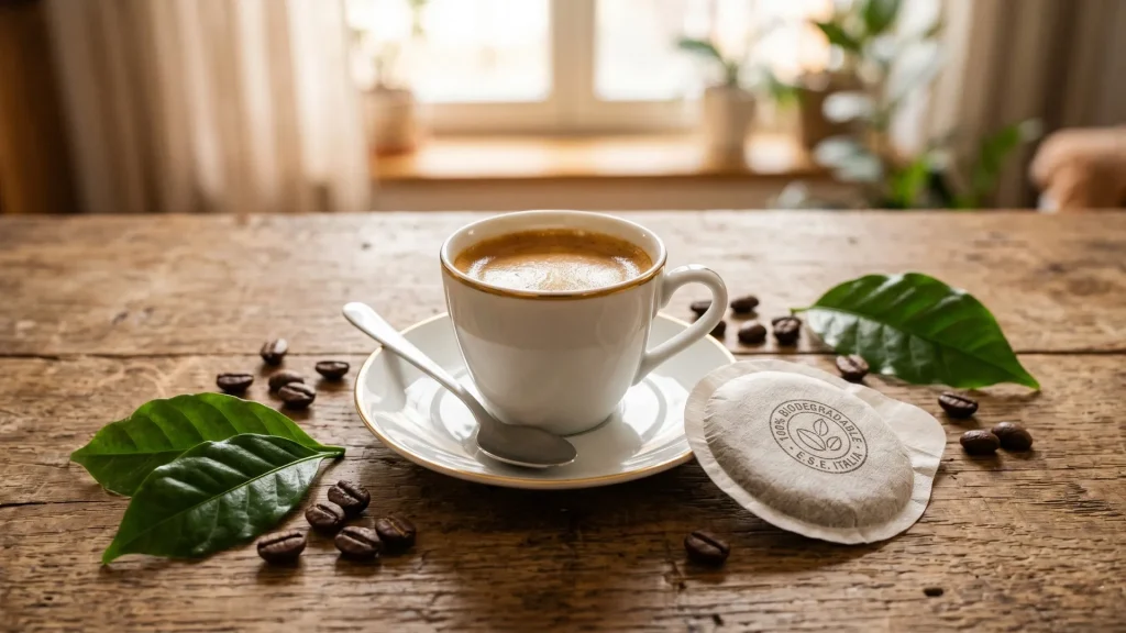 Šoljica espresso kafe sa biorazgradivom E.S.E. cialdom (ćaldom) i zrnima na drvenom stolu – Espresso Guide
