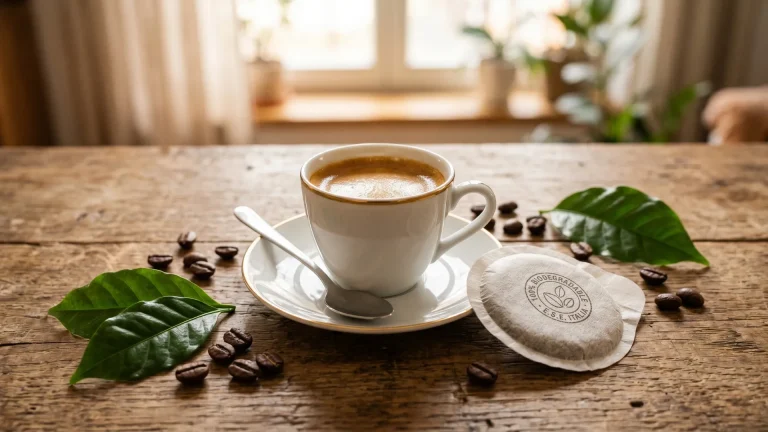Šoljica espresso kafe sa biorazgradivom E.S.E. cialdom (ćaldom) i zrnima na drvenom stolu – Espresso Guide