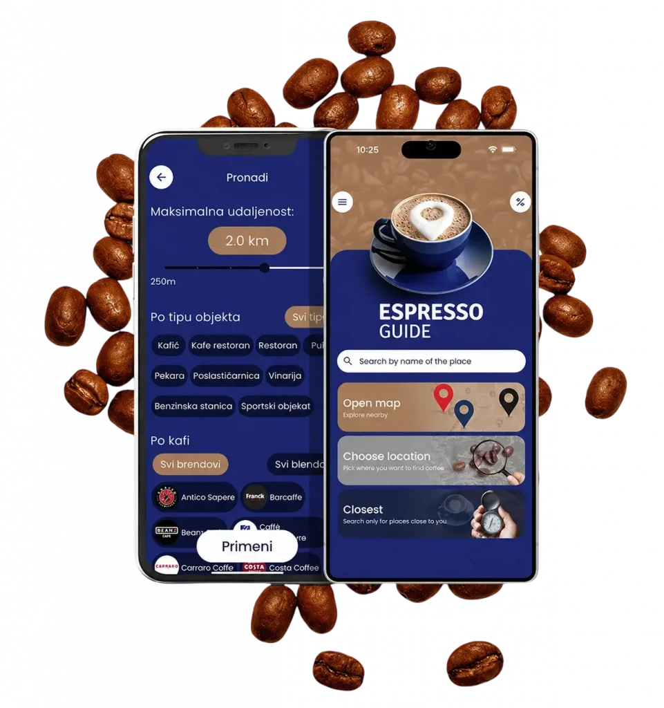 Prikaz ekrana mobilne aplikacije Espresso Guide za pretragu i filtriranje kafića po lokaciji i brendovima kafe