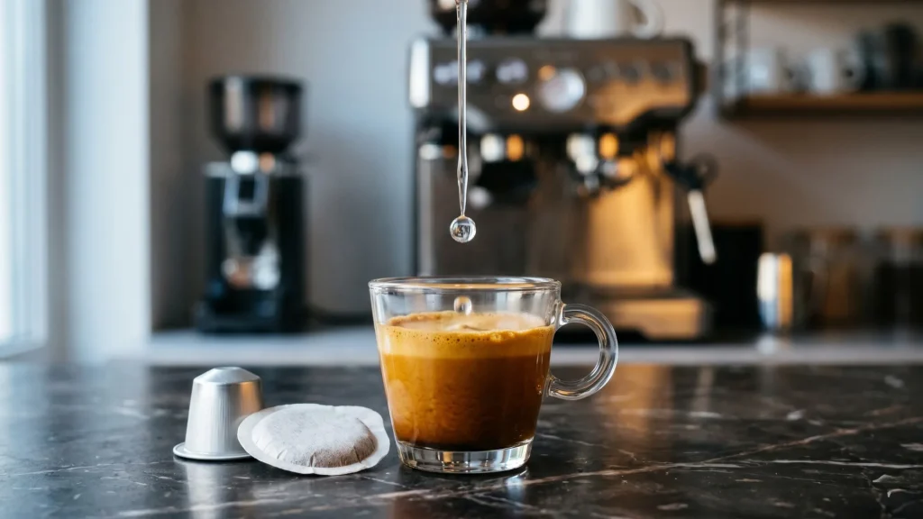 Kap vode koja pada u šoljicu espresa pored kapsule i E.S.E. cialde – uticaj kvaliteta vode na ukus kafe – Espresso Guide
