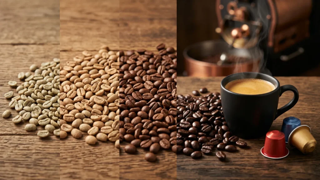 Faze i nivoi prženja kafe od zelenih do tamnih zrna uz šoljicu espresa i kapsule – Espresso Guide