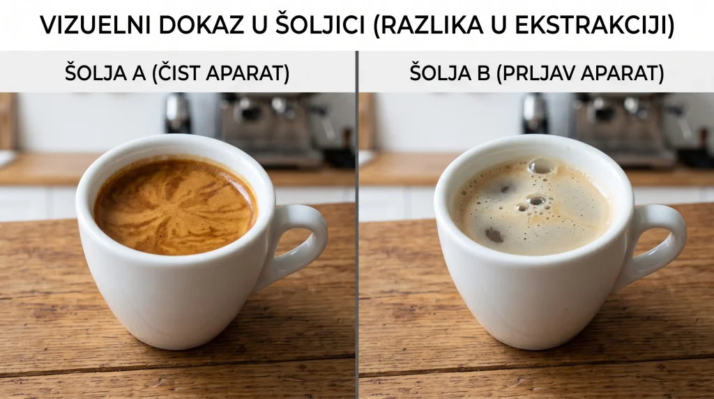 Poređenje espreso kafe iz čistog i aparata punog kamenca