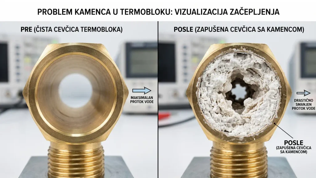 Presek cevi aparata za kafu sa nakupljenim kamencem i čiste cevi