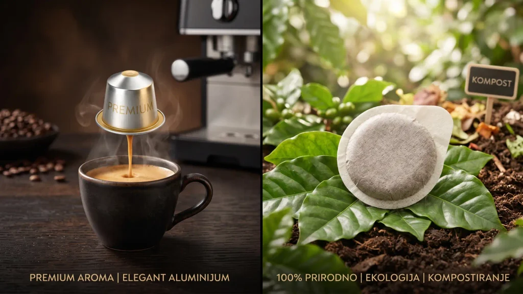 Vizuelno poređenje dva formata kafe: premium aluminijumska kapsula sa espresom (levo) i održiva papirna E.S.E. ćalda na zelenom lišću sa znakom za kompostiranje (desno)