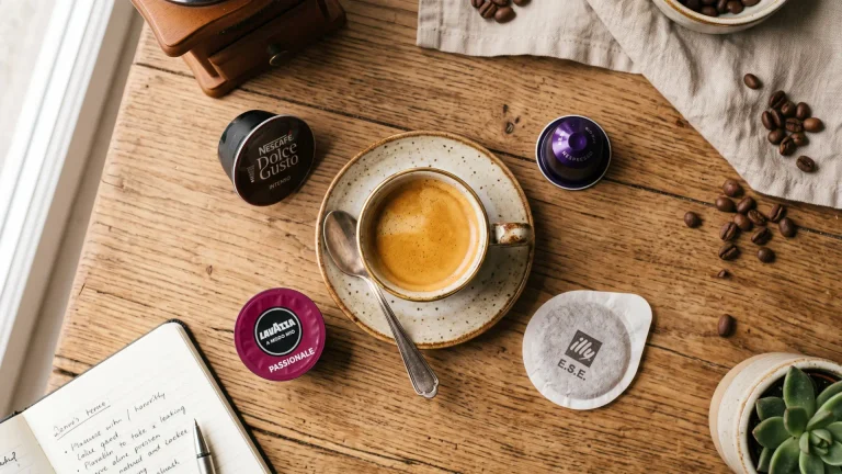 Flat lay prikaz šoljice sveže kuvanog espressa sa Nespresso, Dolce Gusto, Lavazza i E.S.E. kapsulama na drvenoj površini