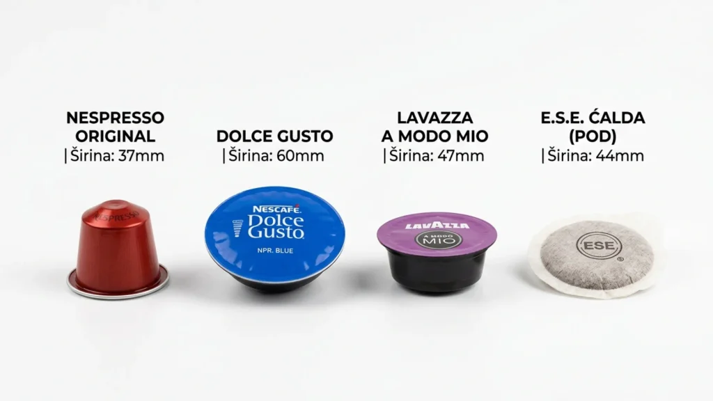 Poređenje veličina i sistema kapsula za kafu: Nespresso Original (37mm), Dolce Gusto (60mm), Lavazza A Modo Mio (47mm) i E.S.E. ćalda (44mm)